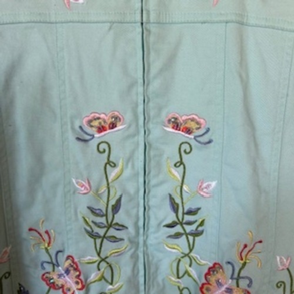 Retro‎ Quaker Factory Embroidered Jacket Floral Butterfly  Aqua Spring Medium - Picture 12 of 13